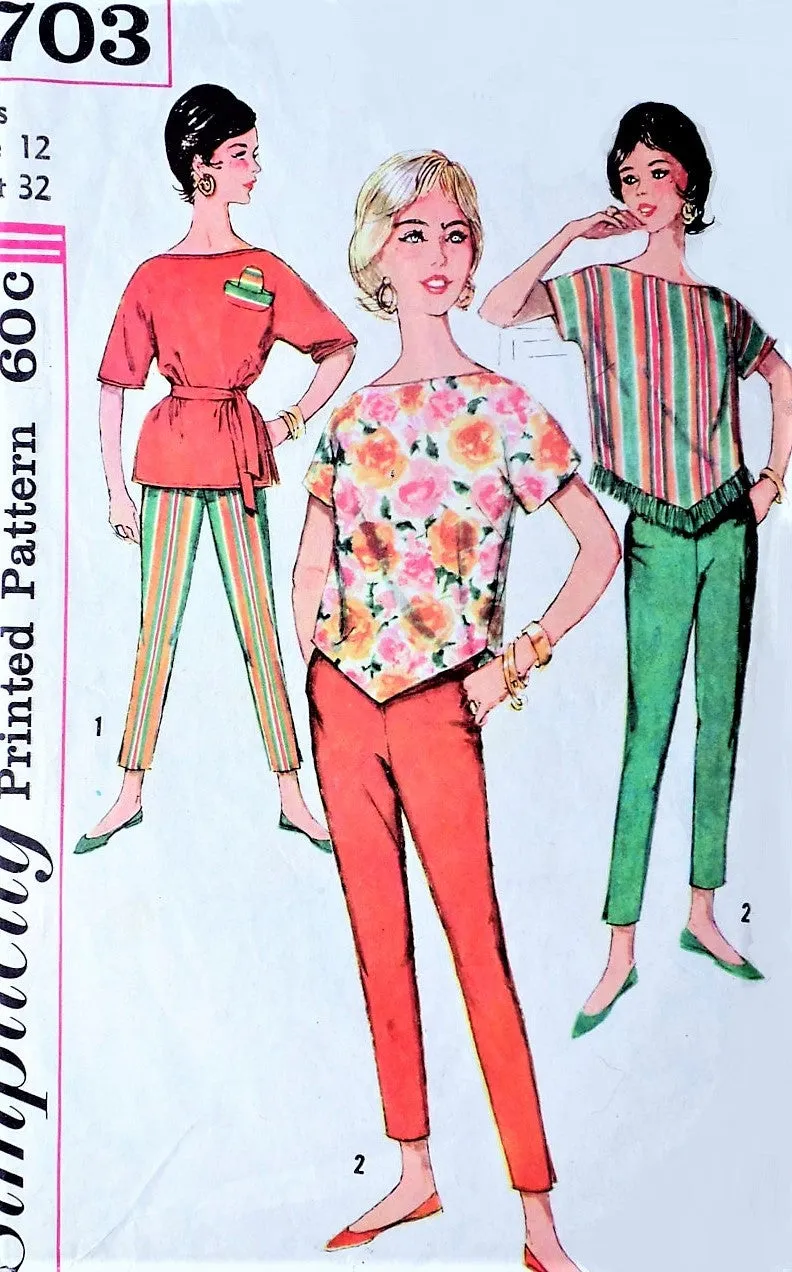 1960s RETRO Ultra Slim Pants and Over Blouse Top Pattern SIMPLICITY 3703 Cute Bateau Tops Cigarette Pants Bust 32 Vintage Sewing