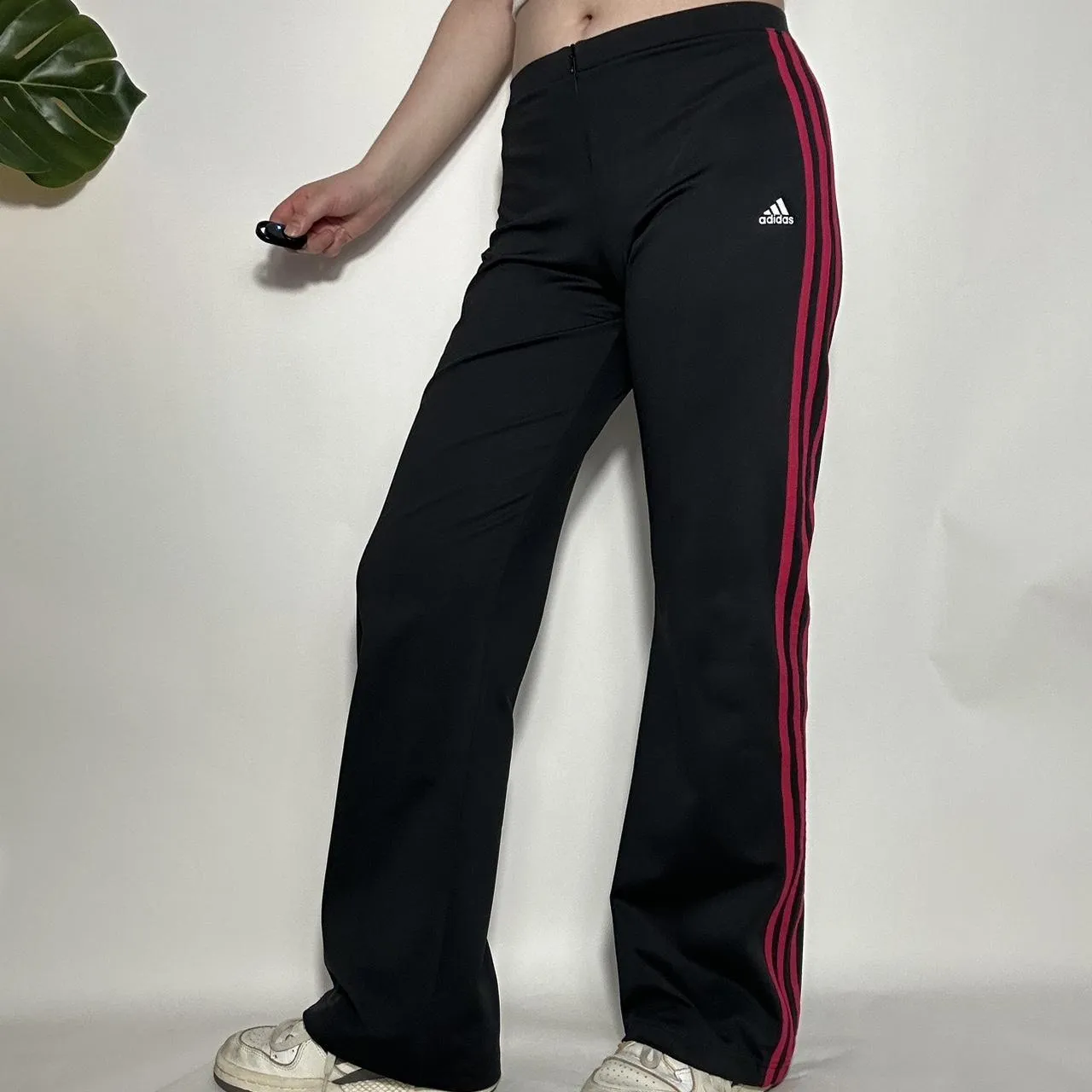 Adidas vintage y2k low waisted hot pink and black wide leg flared track pants stretchy tracksuit bot-