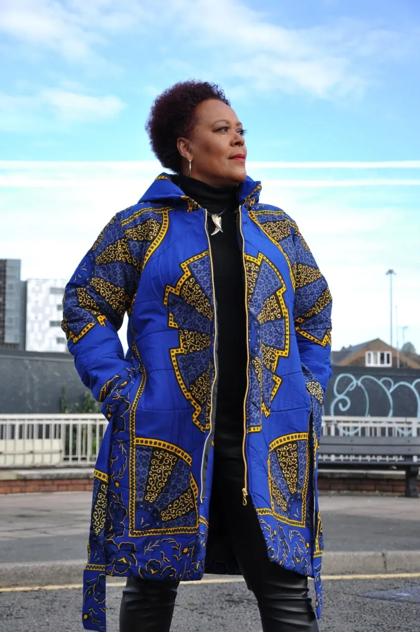 Akufo Blue & Gold Ankara Puffer Coat - African Clothing Store | JT Aphrique