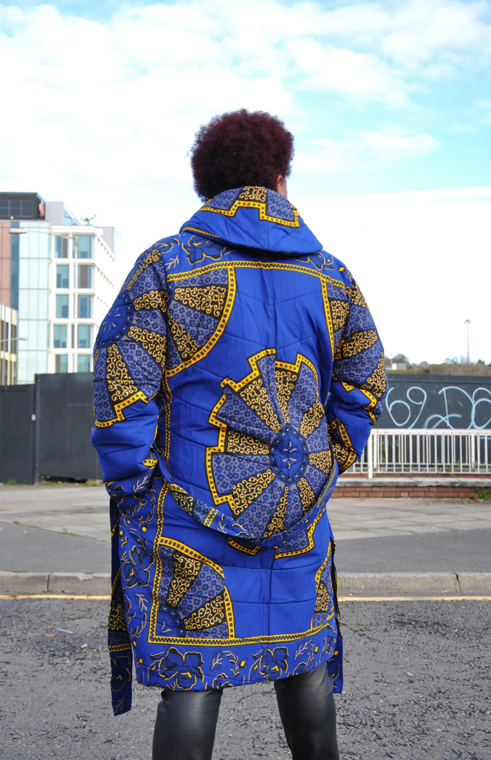 Akufo Blue & Gold Ankara Puffer Coat - African Clothing Store | JT Aphrique