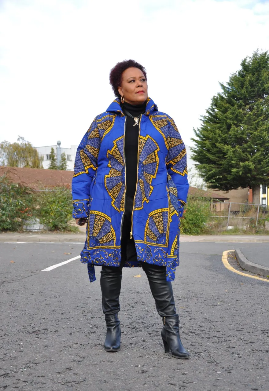 Akufo Blue & Gold Ankara Puffer Coat - African Clothing Store | JT Aphrique