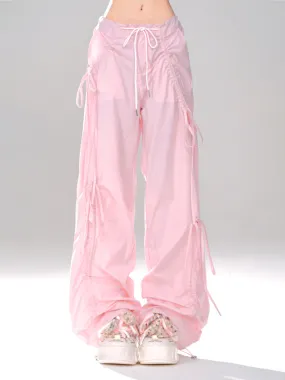 Asia Solid Color Pink Baggy Coquette Design Parachute Pants, Cute Blue Ribbon Drawstring Tie Straight Leg Oversized Pants