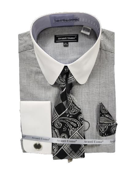 AVANTI UOMO MONOTONE GLEN CHECK ROUND WHITE COLLAR & CUFF DN131M BLACK