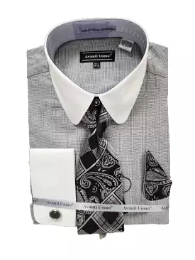 AVANTI UOMO MONOTONE GLEN CHECK ROUND WHITE COLLAR & CUFF DN131M BLACK