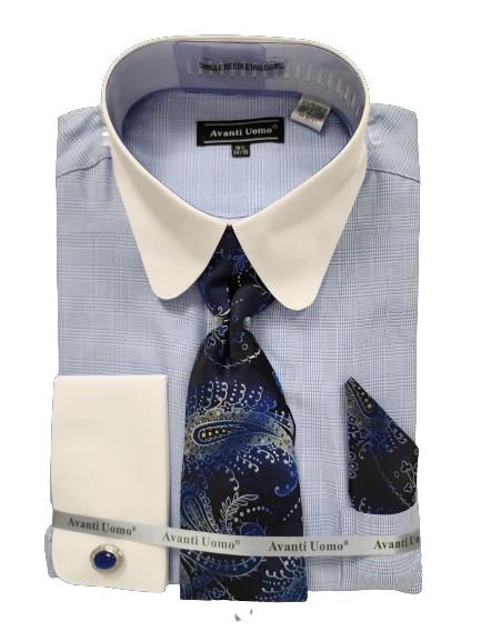 AVANTI UOMO MONOTONE GLEN CHECK ROUND WHITE COLLAR & CUFF DN131M BLUE