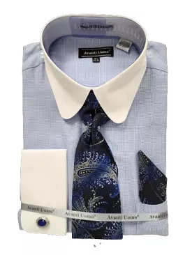 AVANTI UOMO MONOTONE GLEN CHECK ROUND WHITE COLLAR & CUFF DN131M BLUE