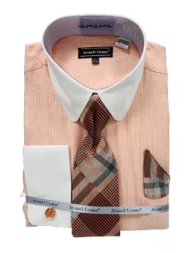 AVANTI UOMO MONOTONE GLEN CHECK ROUND WHITE COLLAR & CUFF DN131M CORAL