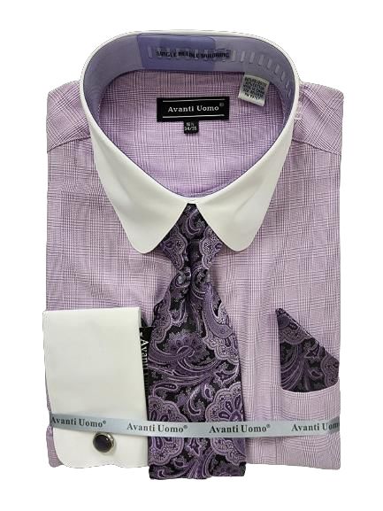 AVANTI UOMO MONOTONE GLEN CHECK ROUND WHITE COLLAR & CUFF DN131M LAVENDER