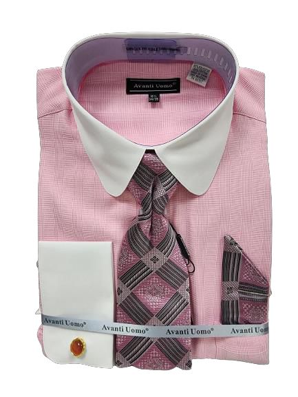 AVANTI UOMO MONOTONE GLEN CHECK ROUND WHITE COLLAR & CUFF DN131M PINK