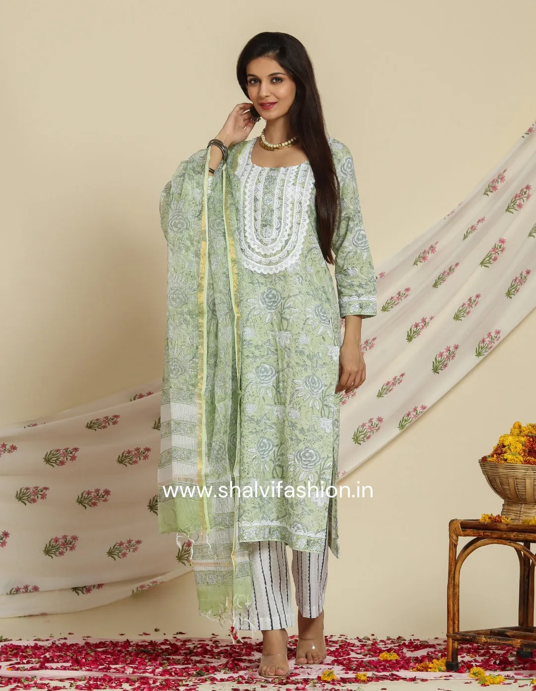 Bahar Hand Block Print Cotton Suit Set with Kota Doria Dupatta (CSS95KD)