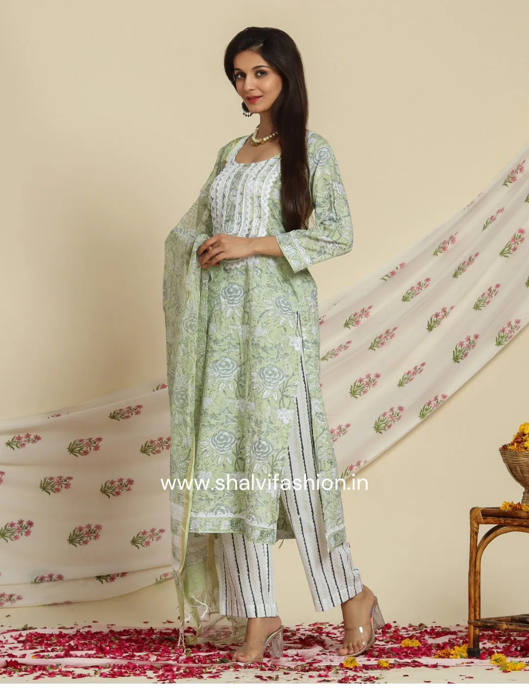 Bahar Hand Block Print Cotton Suit Set with Kota Doria Dupatta (CSS95KD)