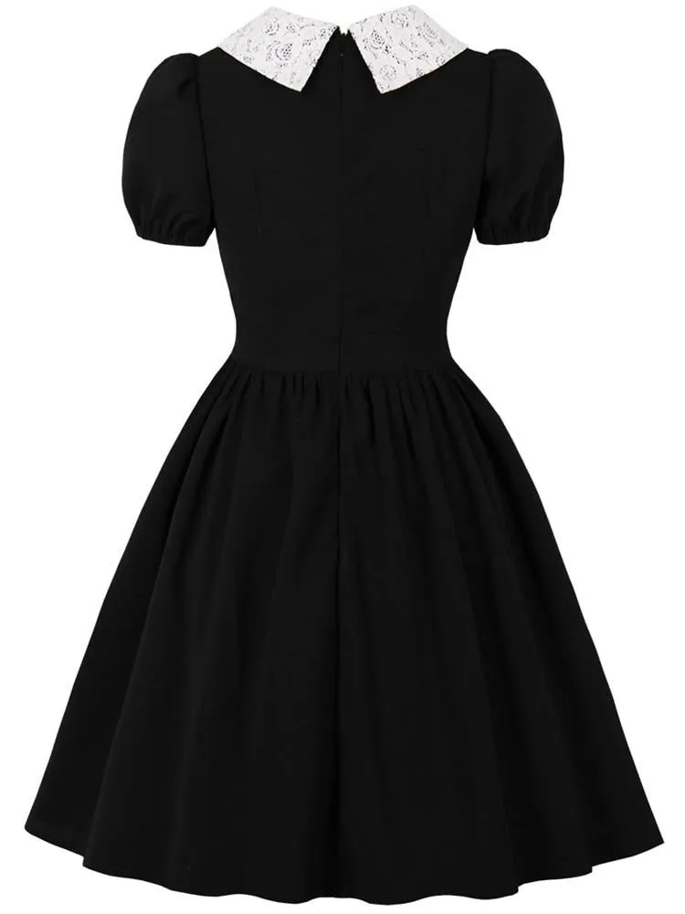 Black Kawaii Dress Tunic Midi Robe Femme Lace Collar Patchwork  High Waist 50s 60s Swing Pin Up Rockabilly Vintage Chic Dress