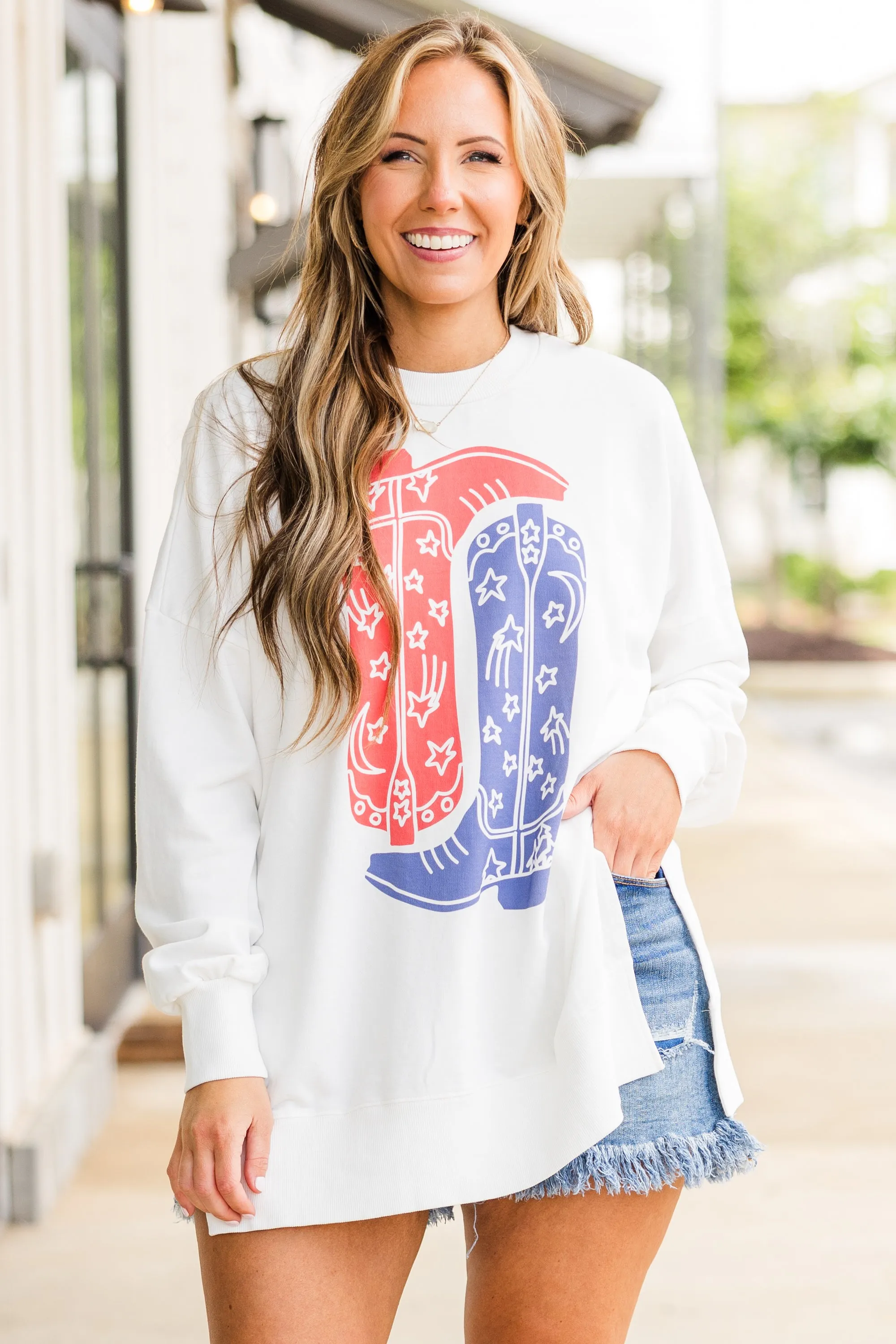 Boot Scootin Cowgirl Cozy Crewneck, White