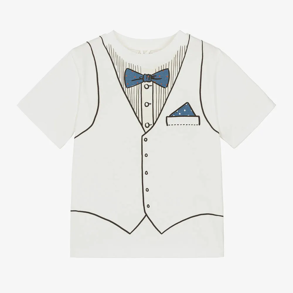 Boys Ivory Suit Print Cotton T-Shirt