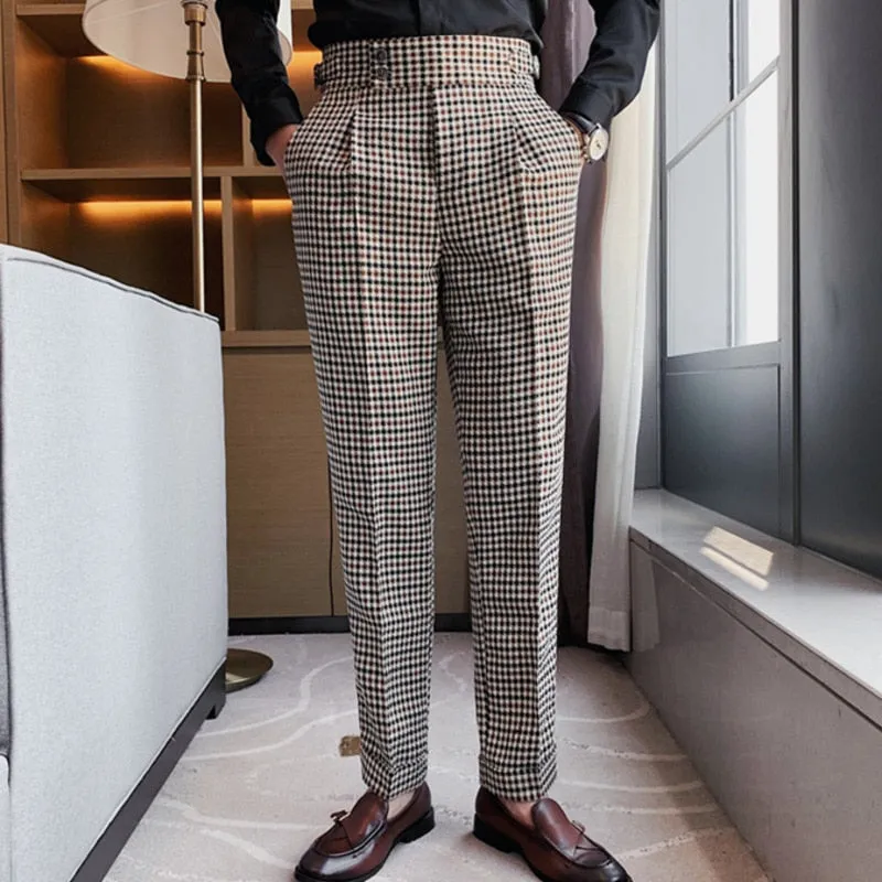 Business Casual Mid Waist Full-Length Grid Straight Pants for Men