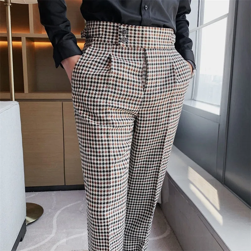 Business Casual Mid Waist Full-Length Grid Straight Pants for Men