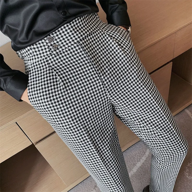 Business Casual Mid Waist Full-Length Grid Straight Pants for Men