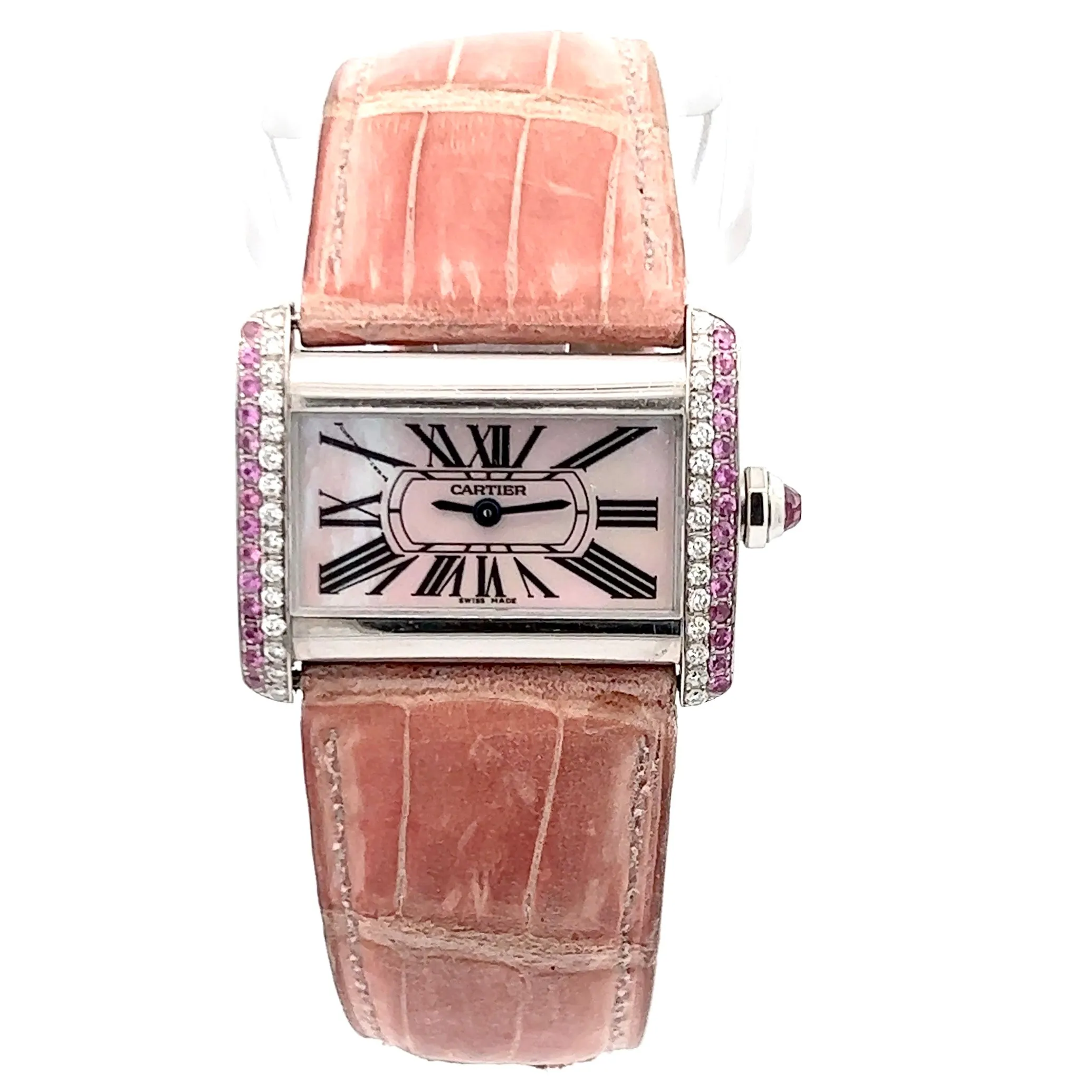 CARTIER TANK DIVAN Quartz Steel 31mm DIAMONDS & Pink Sapphires Watch