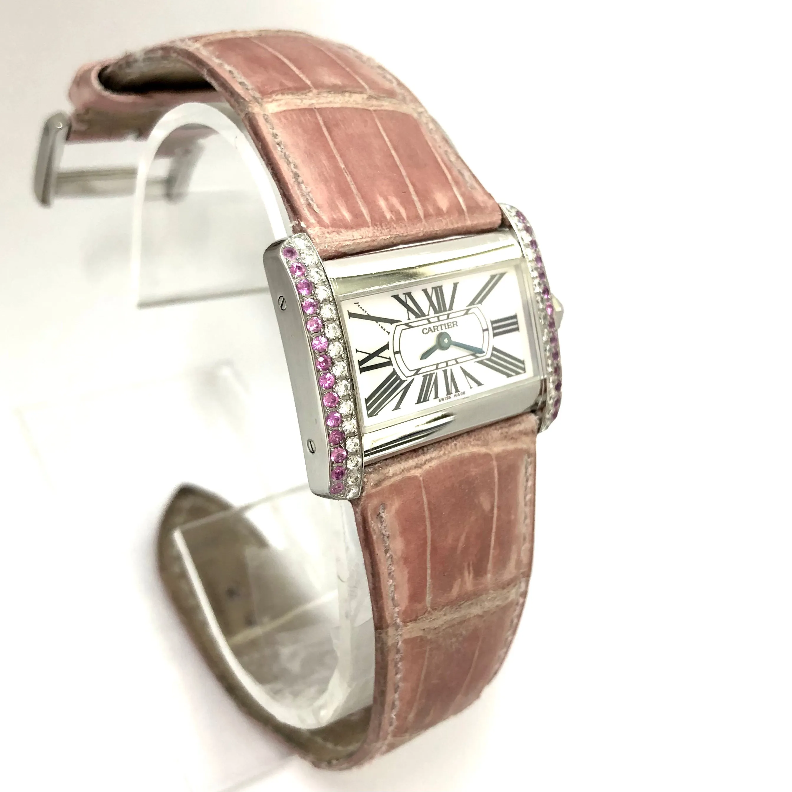 CARTIER TANK DIVAN Quartz Steel 31mm DIAMONDS & Pink Sapphires Watch