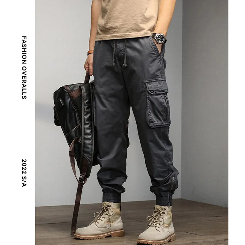 Casual Fashion Men's Elastic Mid Waist Multi Pocket Cargo Pants Trousers