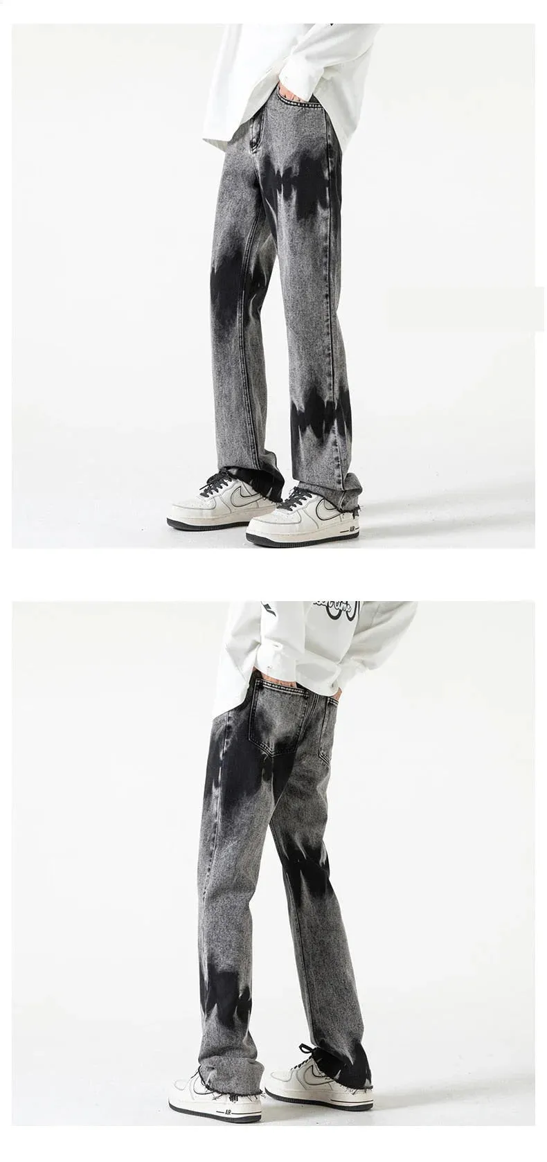 Casual High Street Style Denim Tie Dyed Burr Edge Skinny Pants for Men