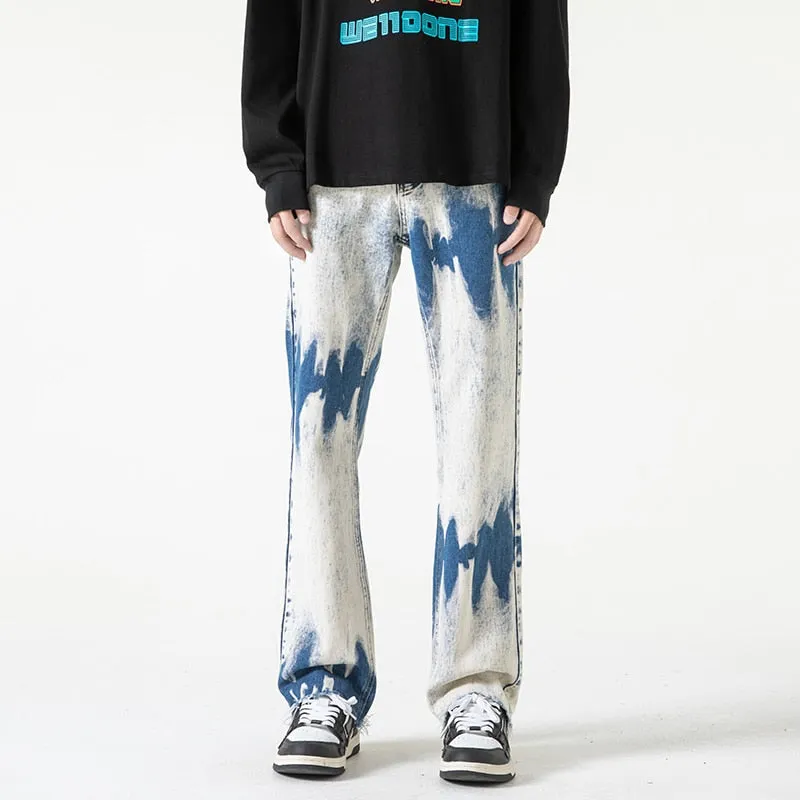 Casual High Street Style Denim Tie Dyed Burr Edge Skinny Pants for Men