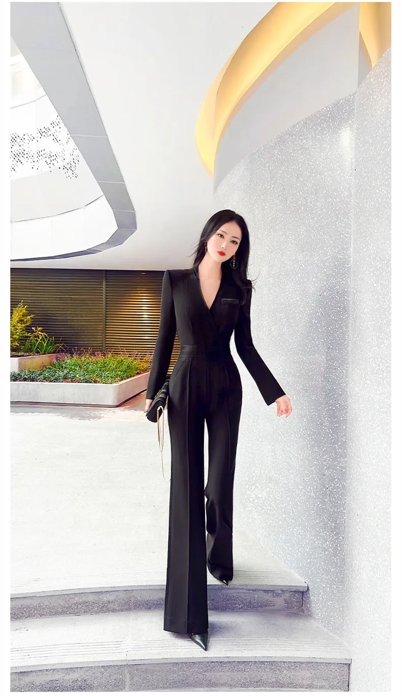 Casual Women's Autumn Solid Pattern High Waist Flare Pants Jumpsuits