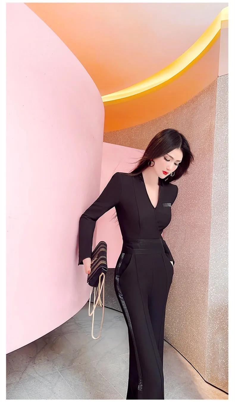 Casual Women's Autumn Solid Pattern High Waist Flare Pants Jumpsuits