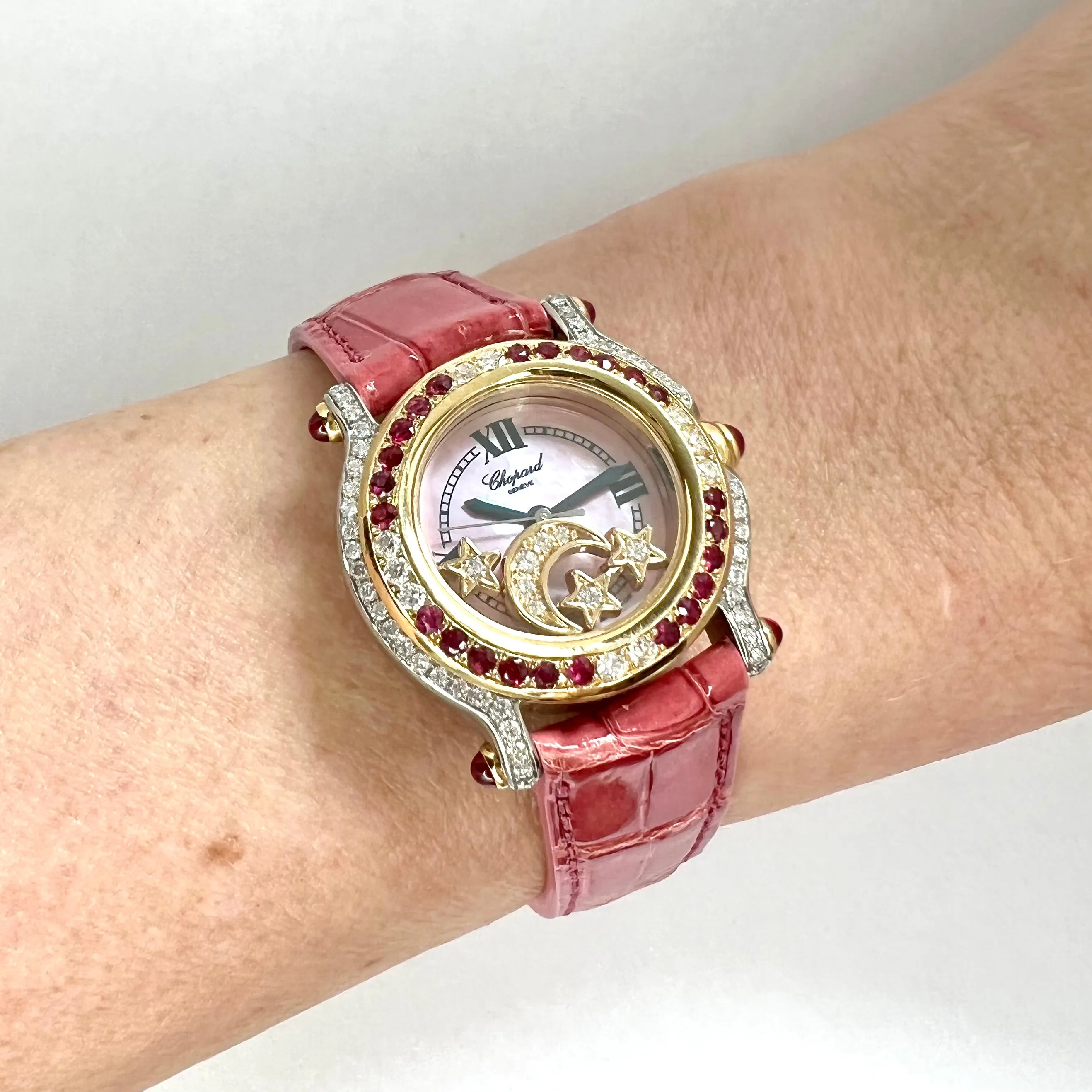 CHOPARD HAPPY SPORT 26mm 2 Tone Floating DIAMONDS & Red RUBIES Watch