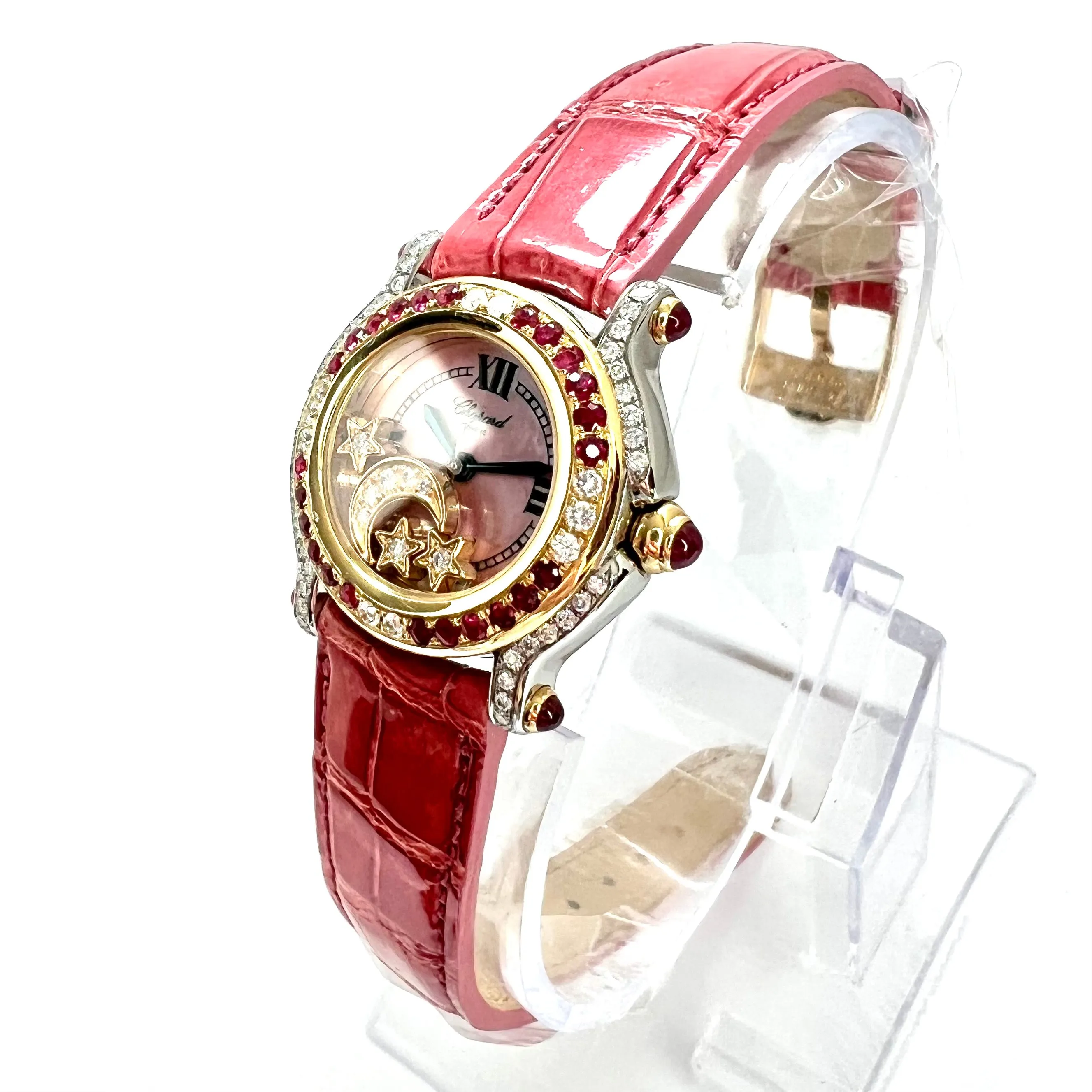 CHOPARD HAPPY SPORT 26mm 2 Tone Floating DIAMONDS & Red RUBIES Watch