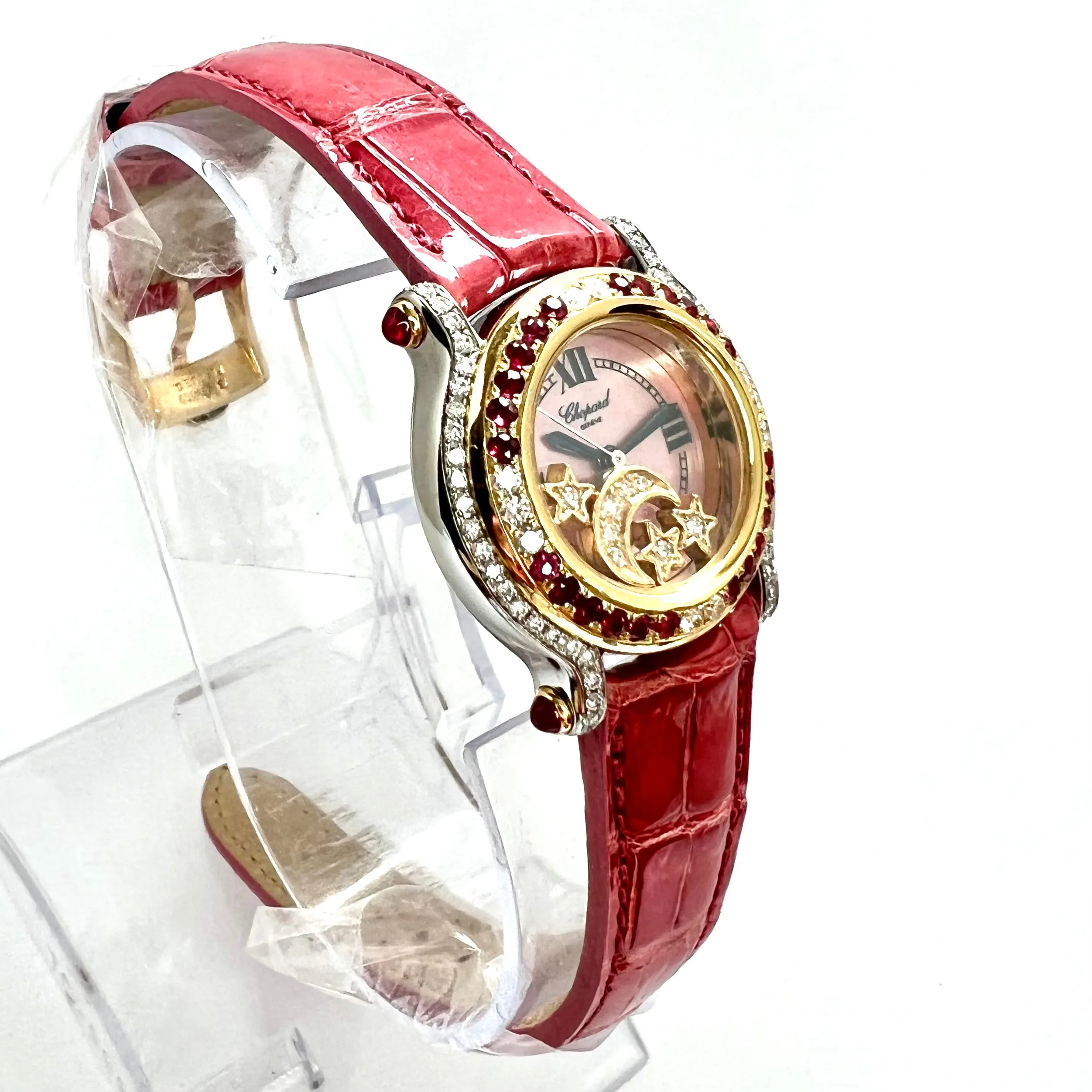 CHOPARD HAPPY SPORT 26mm 2 Tone Floating DIAMONDS & Red RUBIES Watch