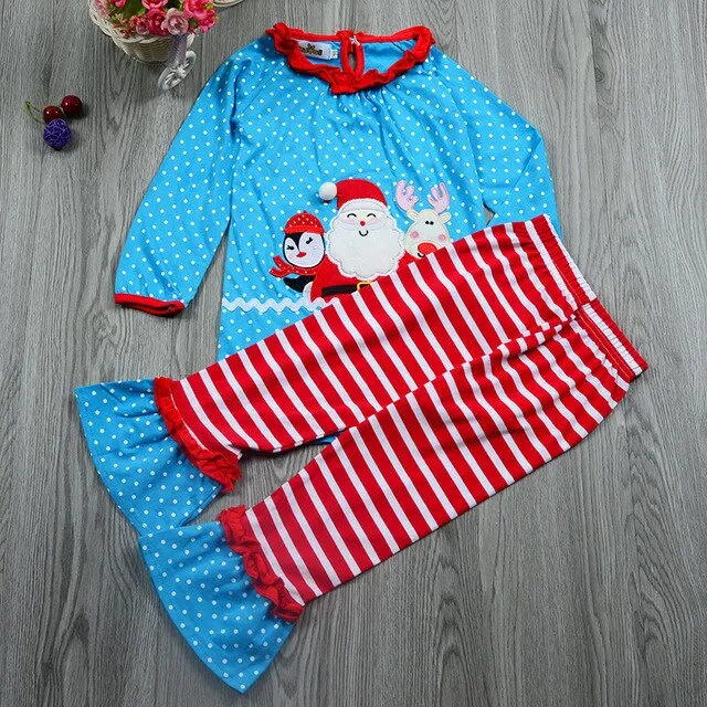 Christmas Baby Girls Toddlers cute Santa Clause Polka Dots Tops T-Shirts+Striped Ruffle Pants Outfits Kids Xmas 2pcs Suit Gift