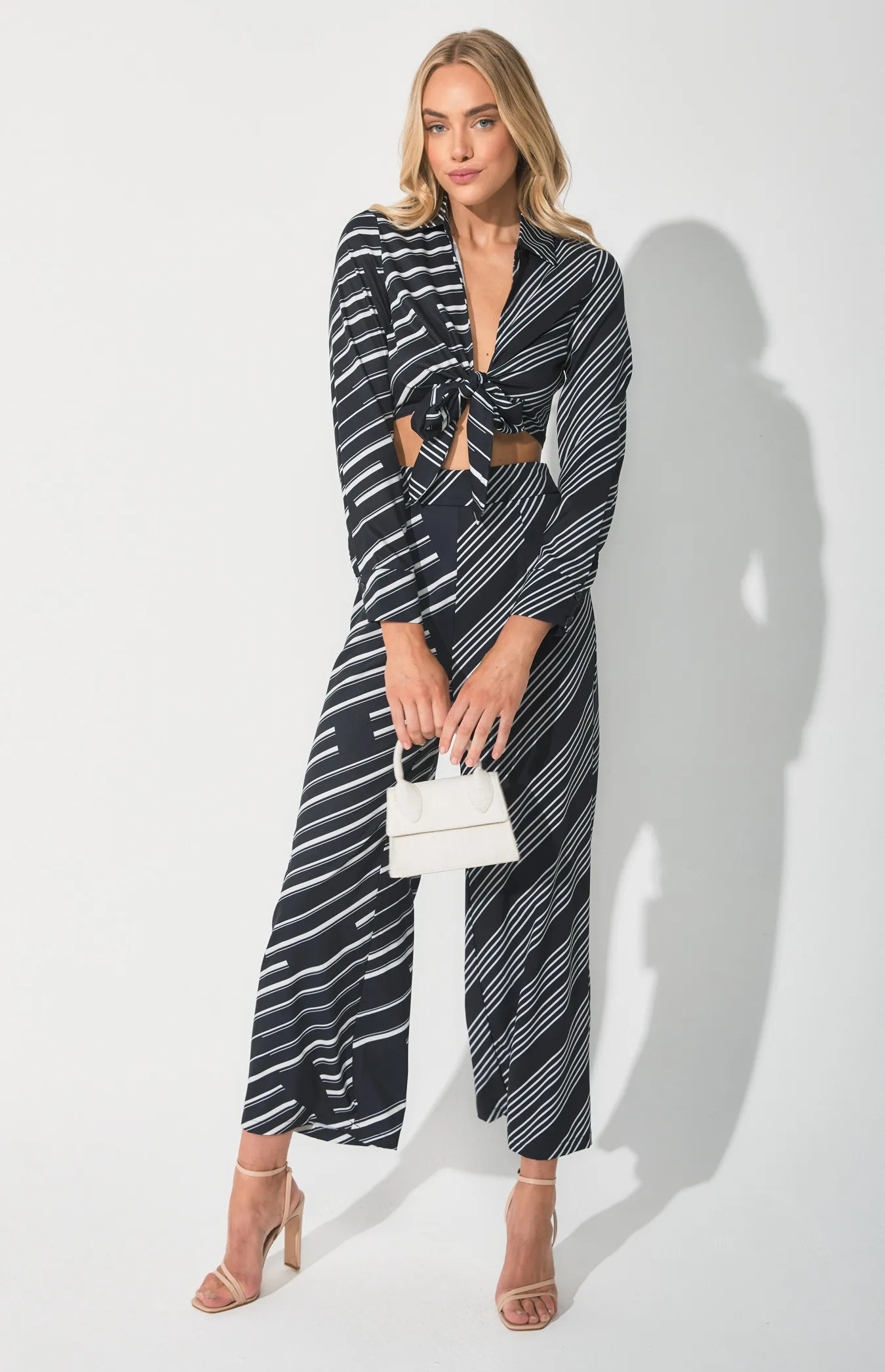 Contrast Striped Set with Tie Front Top and Pants (WSE301A)