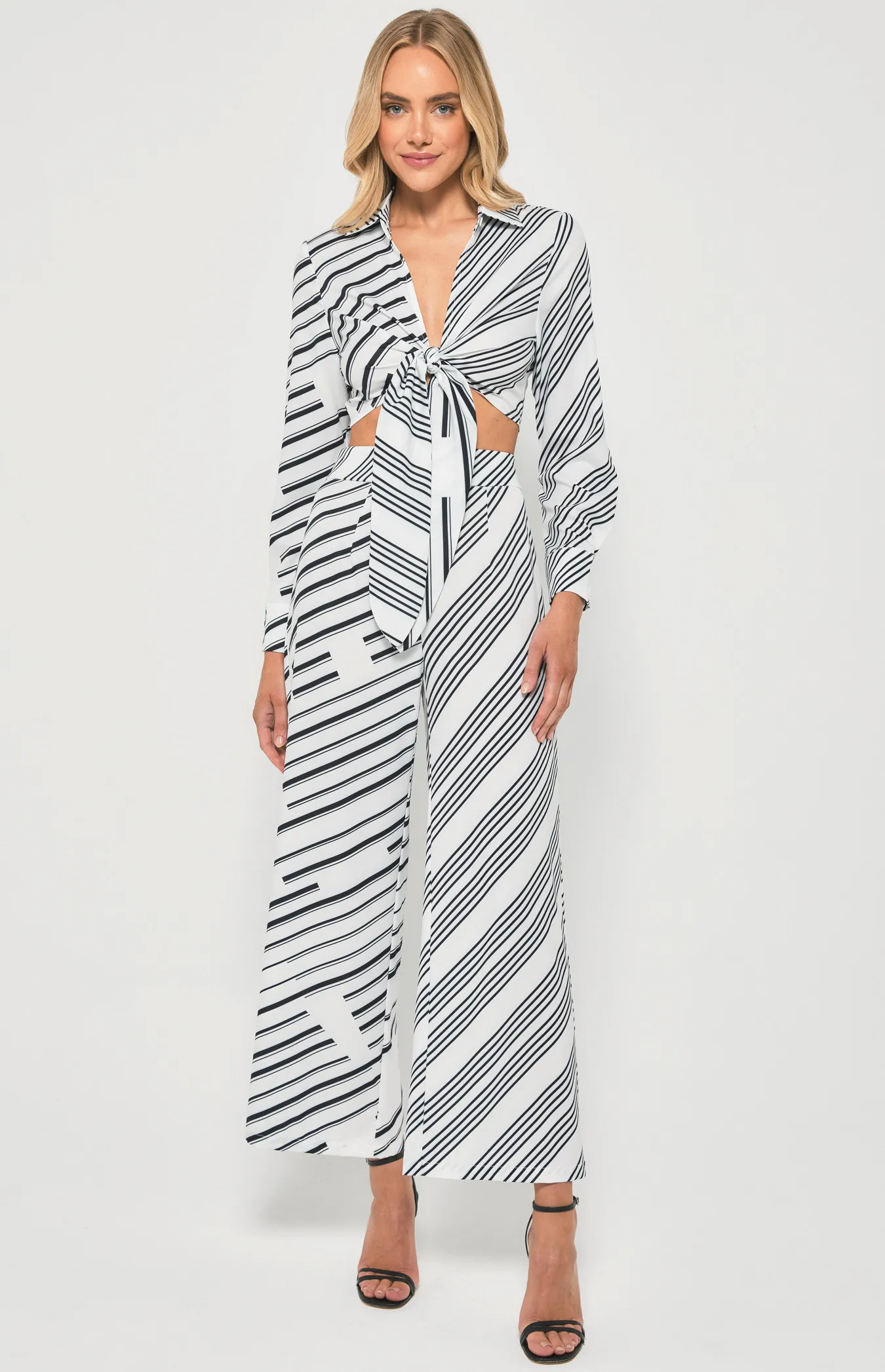 Contrast Striped Set with Tie Front Top and Pants (WSE301A)