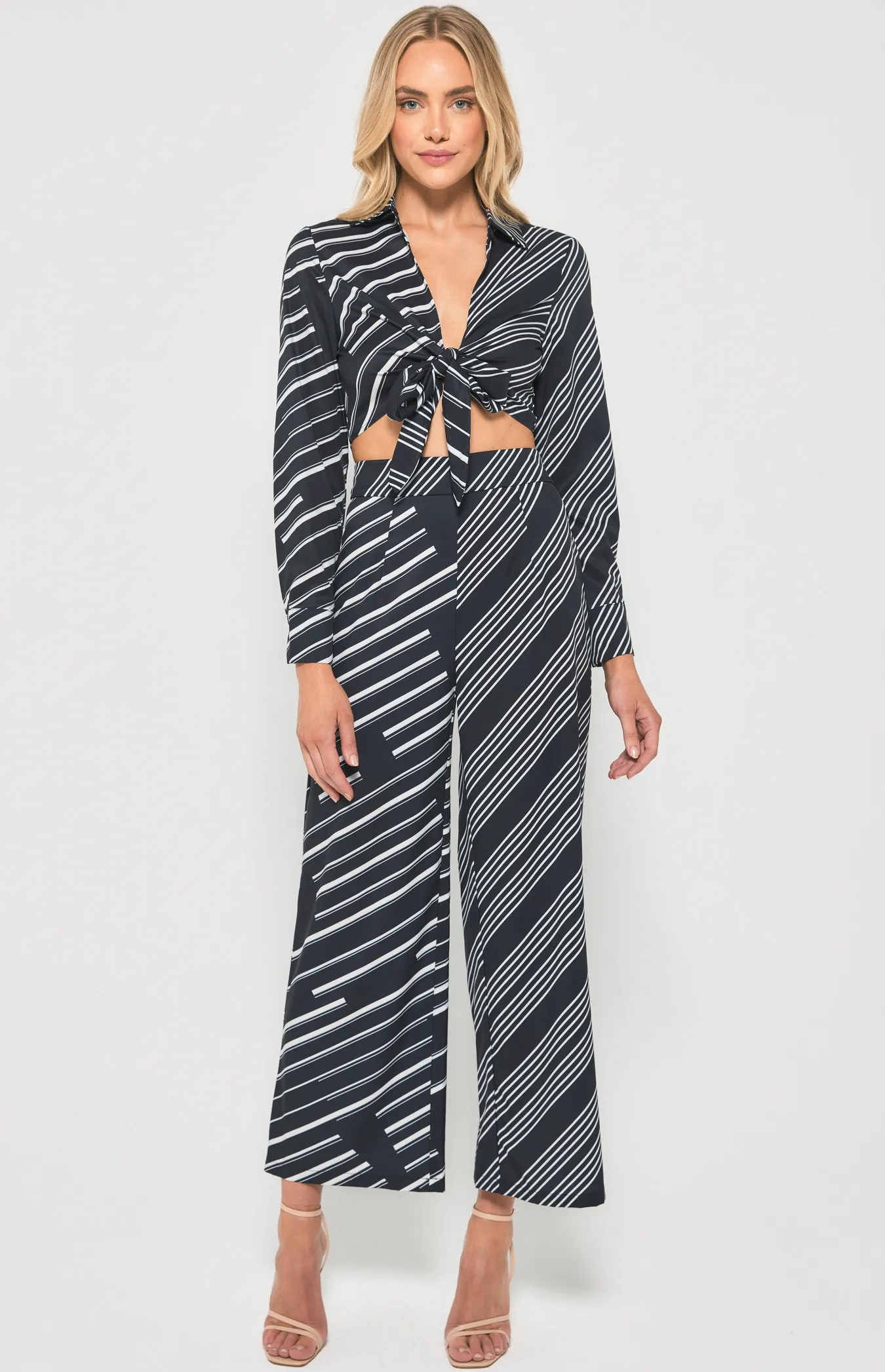 Contrast Striped Set with Tie Front Top and Pants (WSE301A)