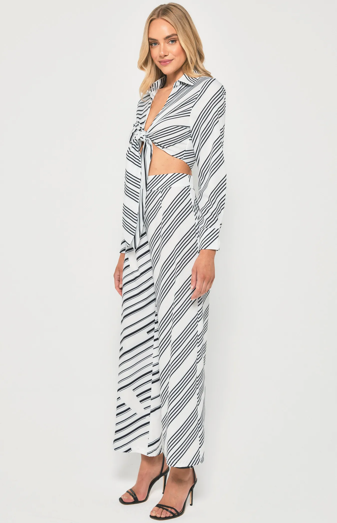 Contrast Striped Set with Tie Front Top and Pants (WSE301A)