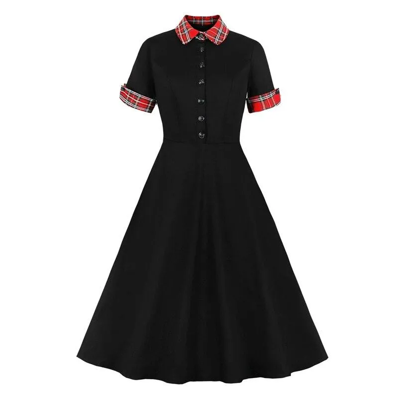 Contrast Tartan Collar and Cuff 1950s Vintage Black Midi Button Up Elegant Cotton Swing Dress