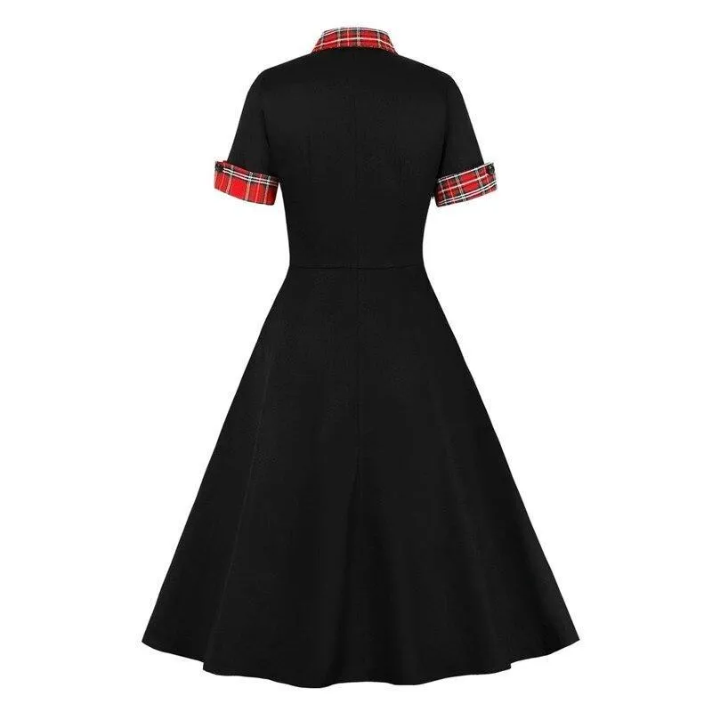 Contrast Tartan Collar and Cuff 1950s Vintage Black Midi Button Up Elegant Cotton Swing Dress