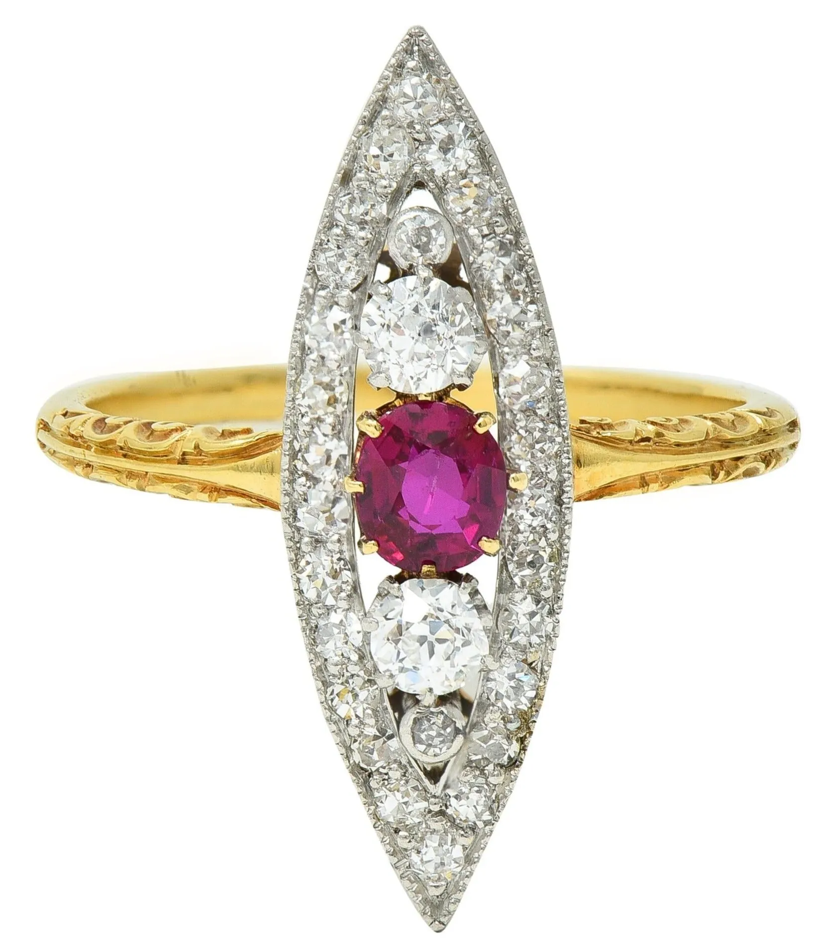 Edwardian 0.62 CTW Ruby Diamond Platinum 18 Karat Yellow Gold Scroll Antique Navette Ring