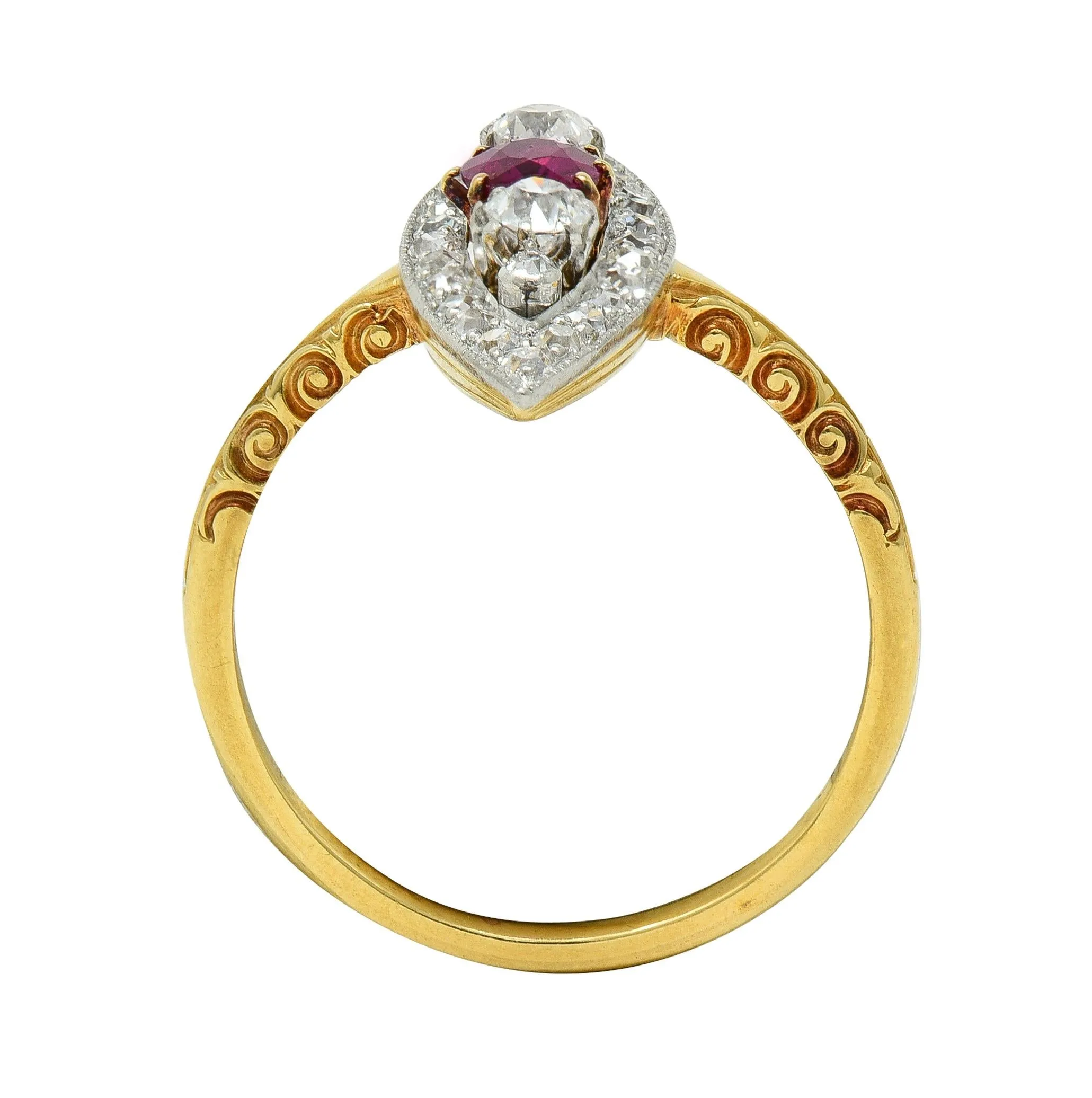 Edwardian 0.62 CTW Ruby Diamond Platinum 18 Karat Yellow Gold Scroll Antique Navette Ring