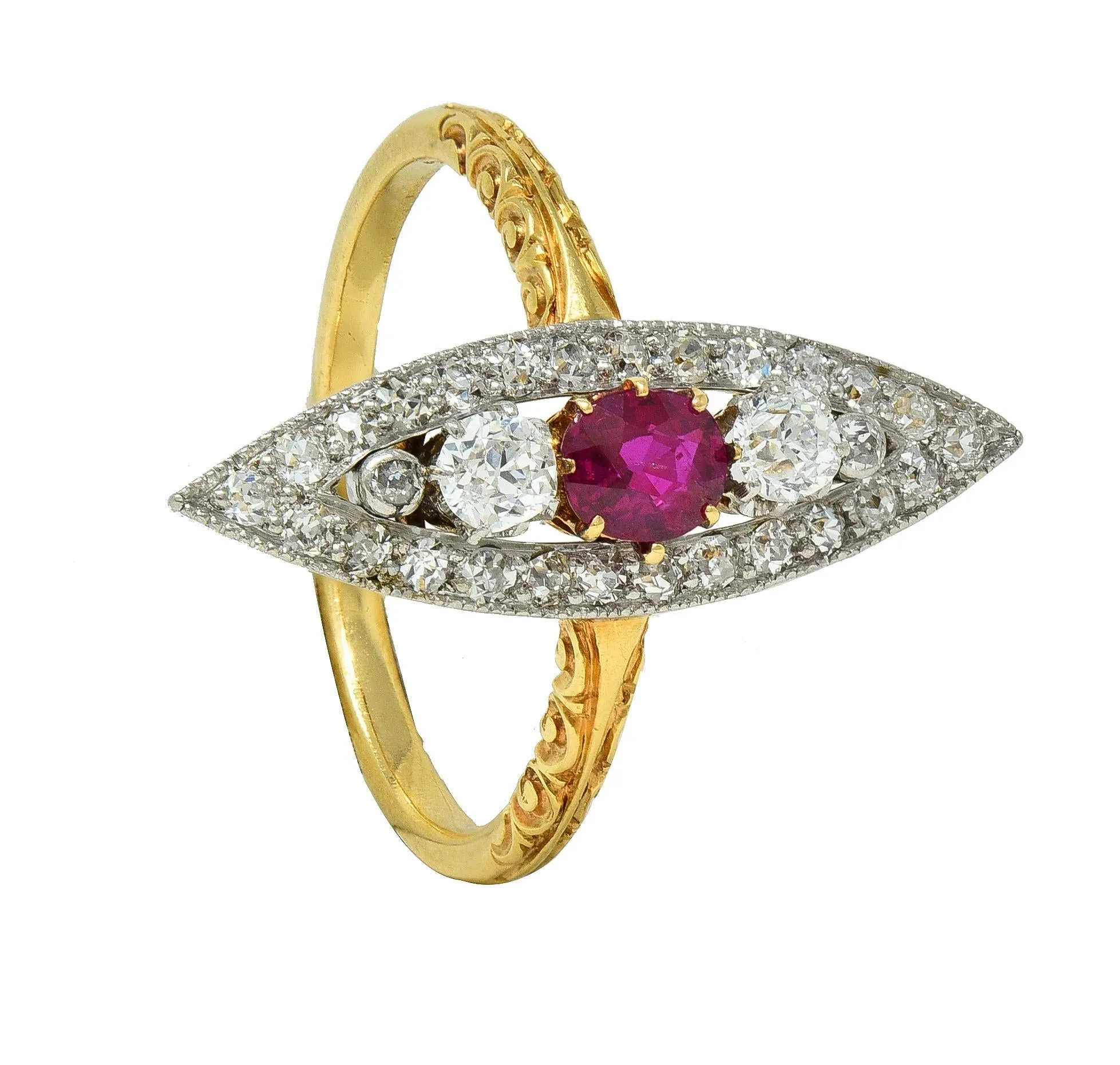 Edwardian 0.62 CTW Ruby Diamond Platinum 18 Karat Yellow Gold Scroll Antique Navette Ring