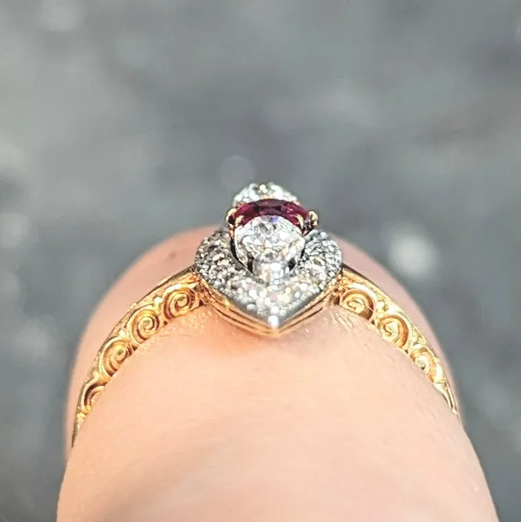 Edwardian 0.62 CTW Ruby Diamond Platinum 18 Karat Yellow Gold Scroll Antique Navette Ring