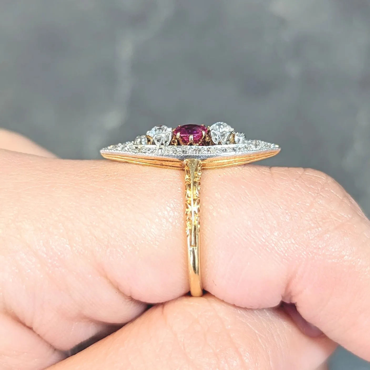 Edwardian 0.62 CTW Ruby Diamond Platinum 18 Karat Yellow Gold Scroll Antique Navette Ring