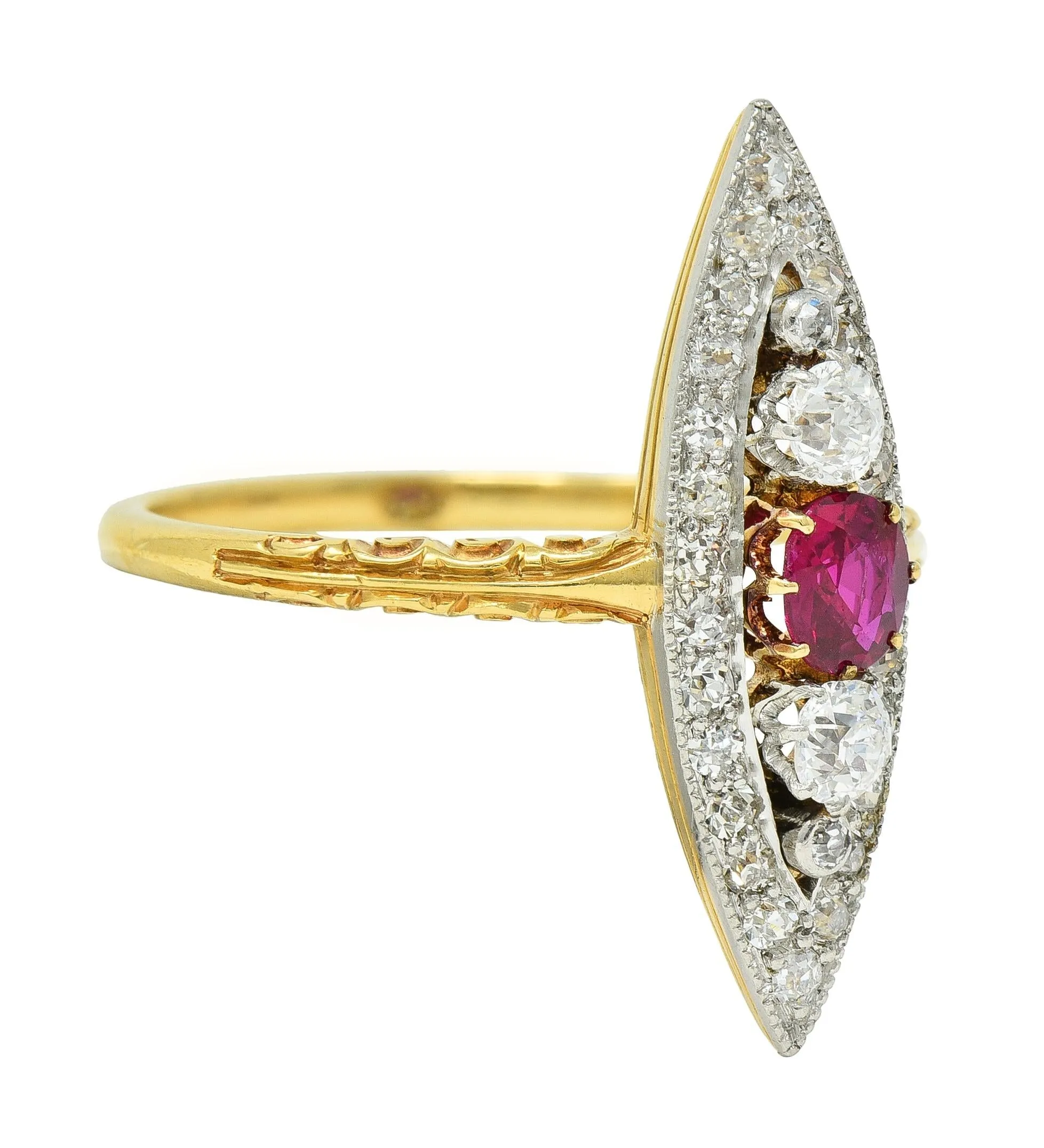 Edwardian 0.62 CTW Ruby Diamond Platinum 18 Karat Yellow Gold Scroll Antique Navette Ring