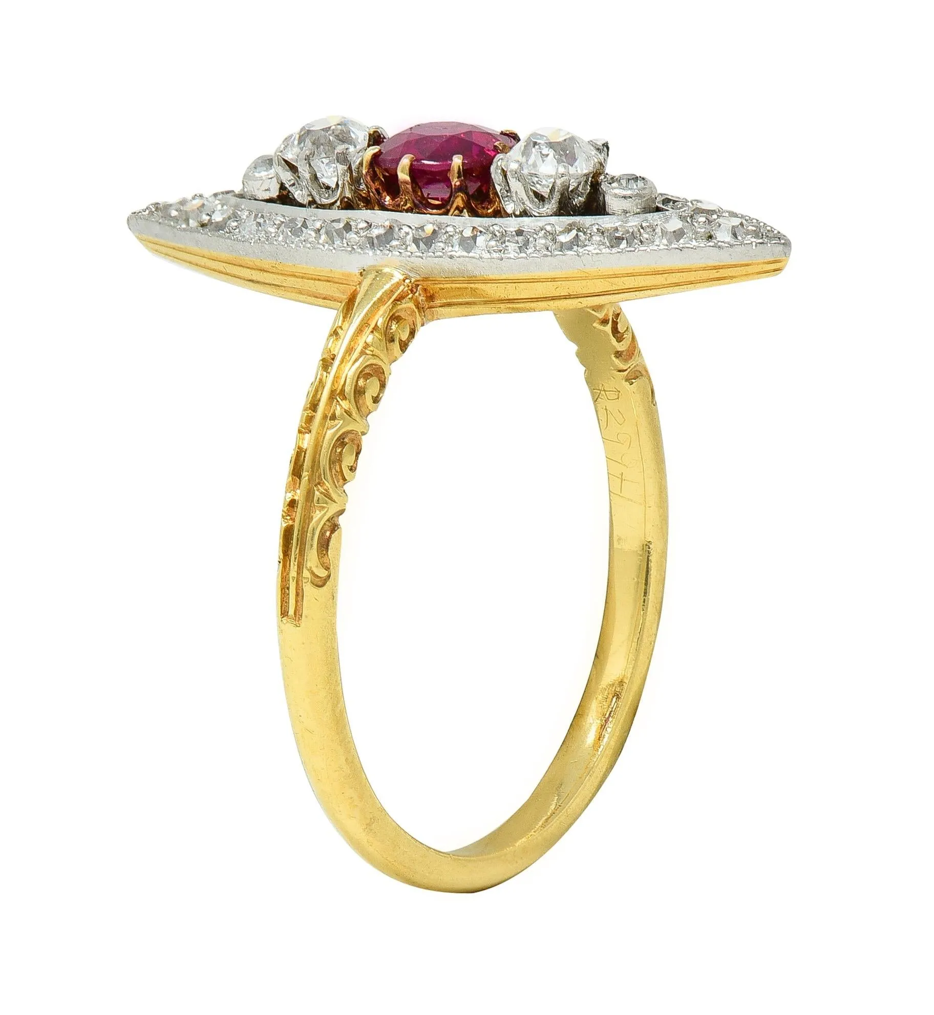 Edwardian 0.62 CTW Ruby Diamond Platinum 18 Karat Yellow Gold Scroll Antique Navette Ring