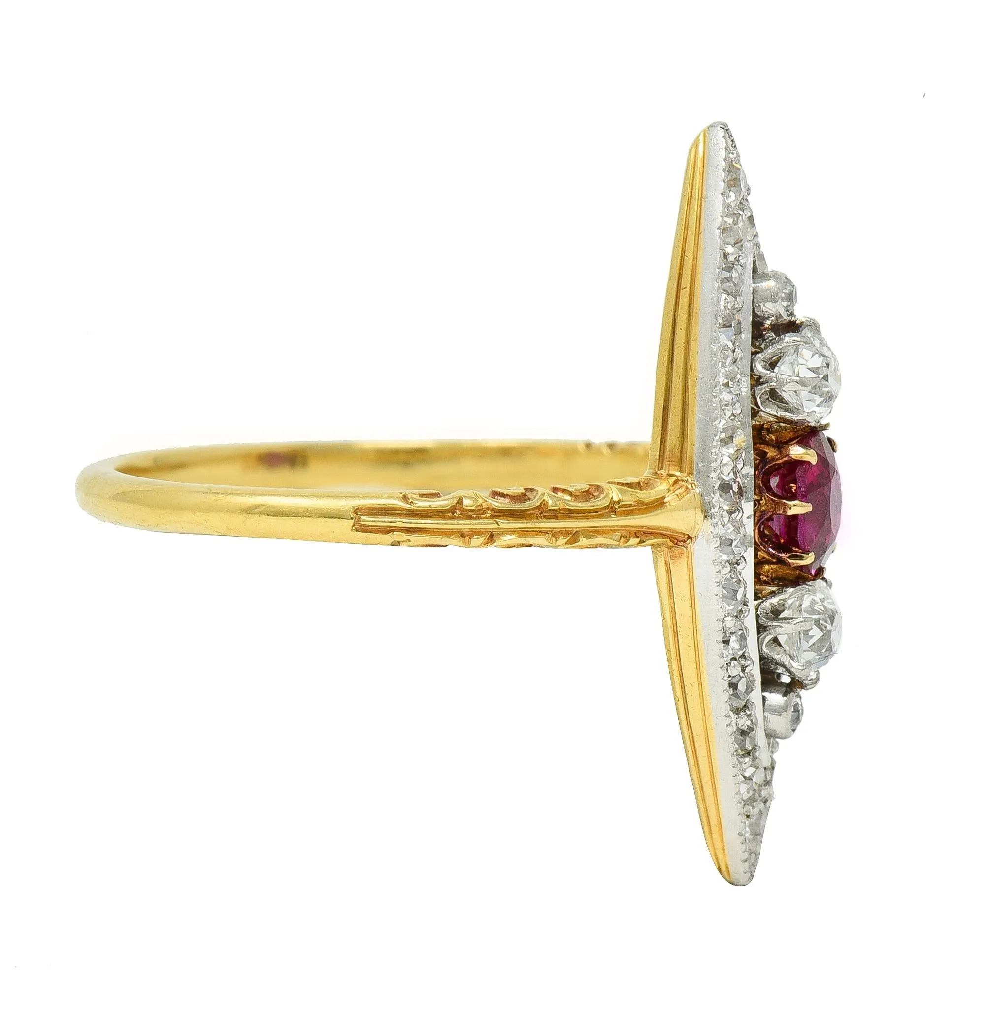 Edwardian 0.62 CTW Ruby Diamond Platinum 18 Karat Yellow Gold Scroll Antique Navette Ring