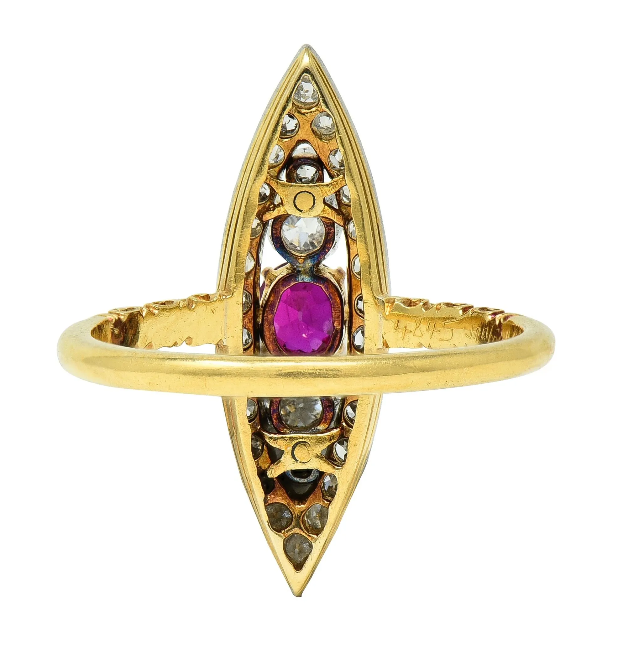 Edwardian 0.62 CTW Ruby Diamond Platinum 18 Karat Yellow Gold Scroll Antique Navette Ring