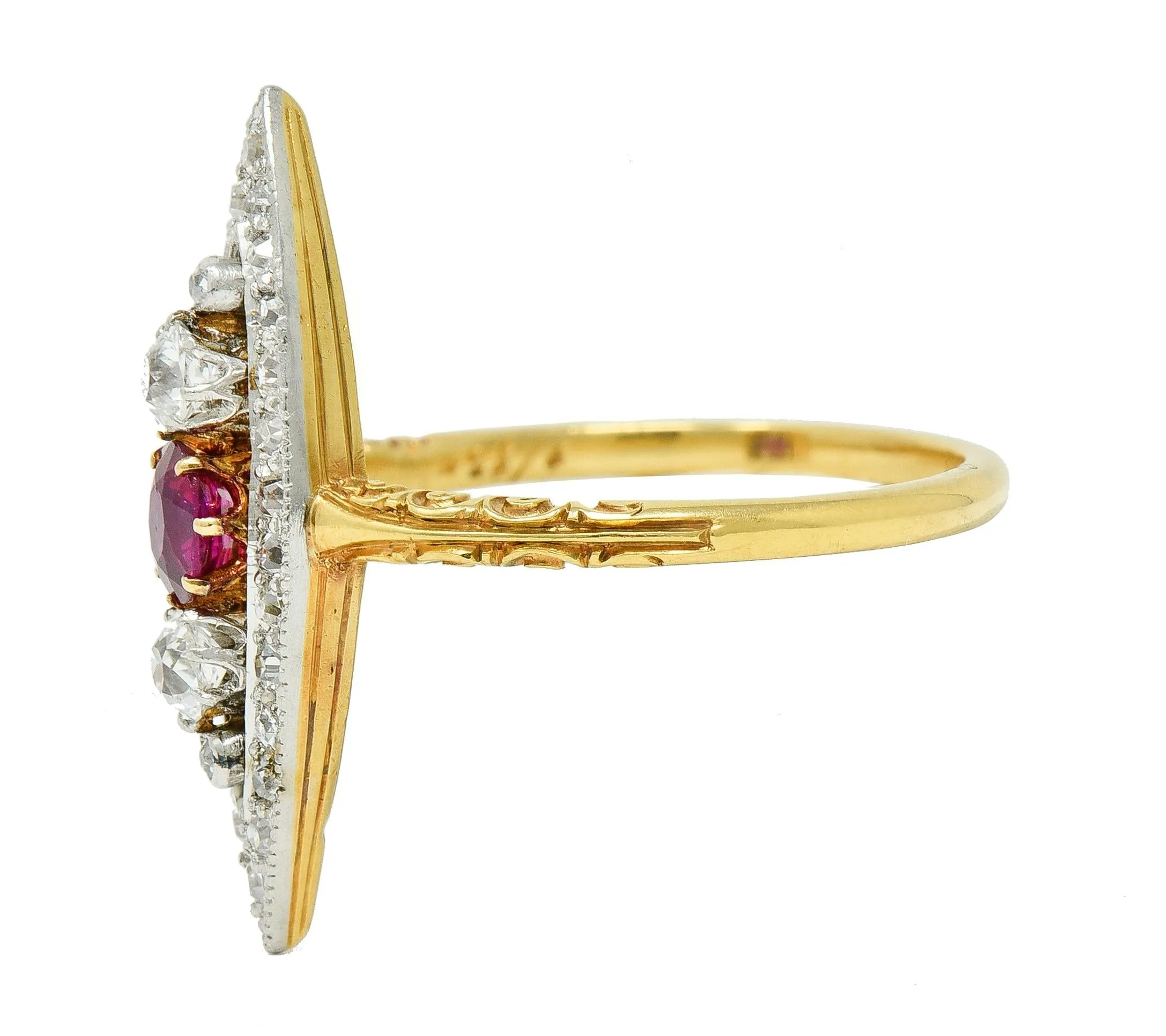 Edwardian 0.62 CTW Ruby Diamond Platinum 18 Karat Yellow Gold Scroll Antique Navette Ring