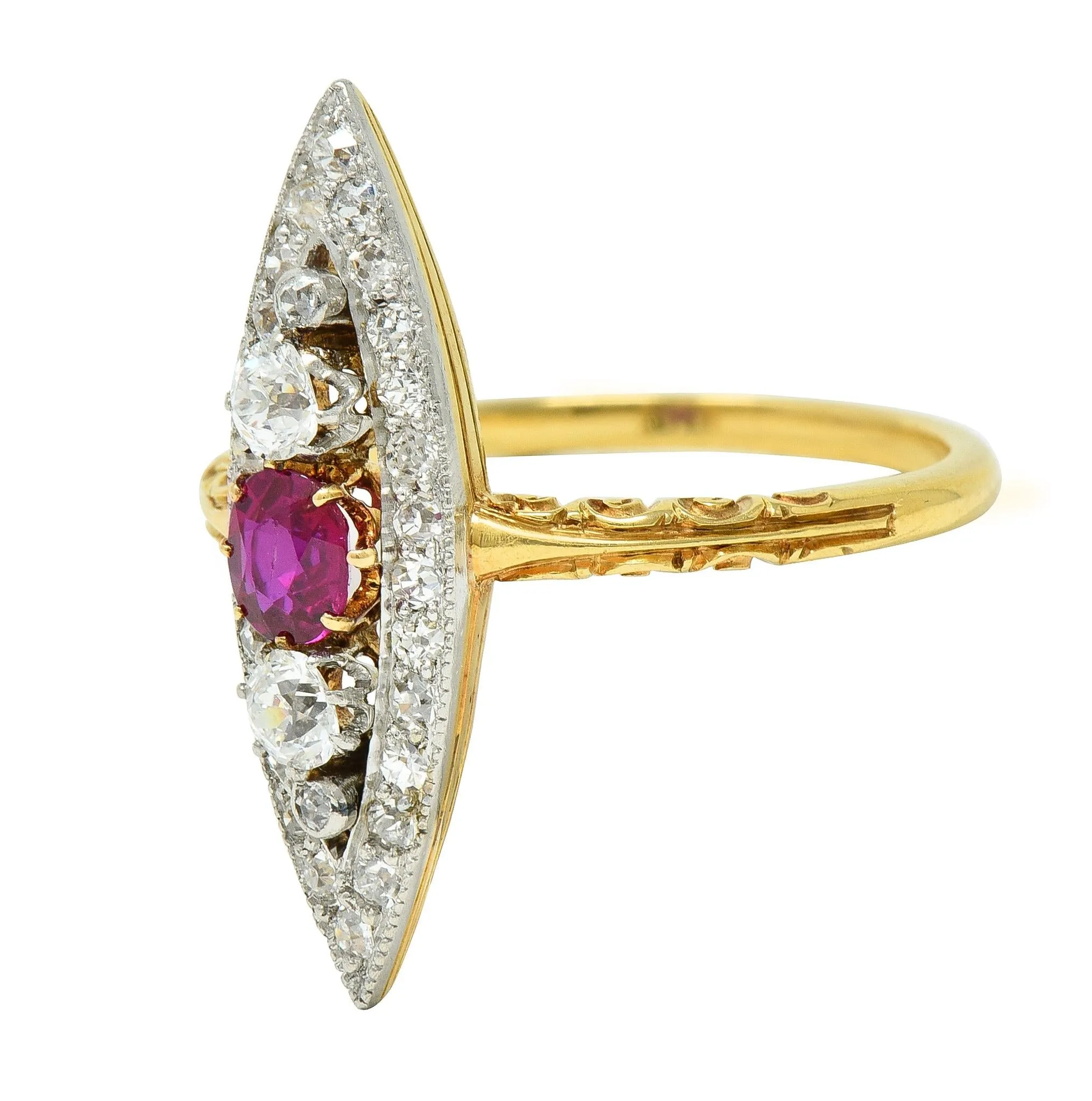 Edwardian 0.62 CTW Ruby Diamond Platinum 18 Karat Yellow Gold Scroll Antique Navette Ring