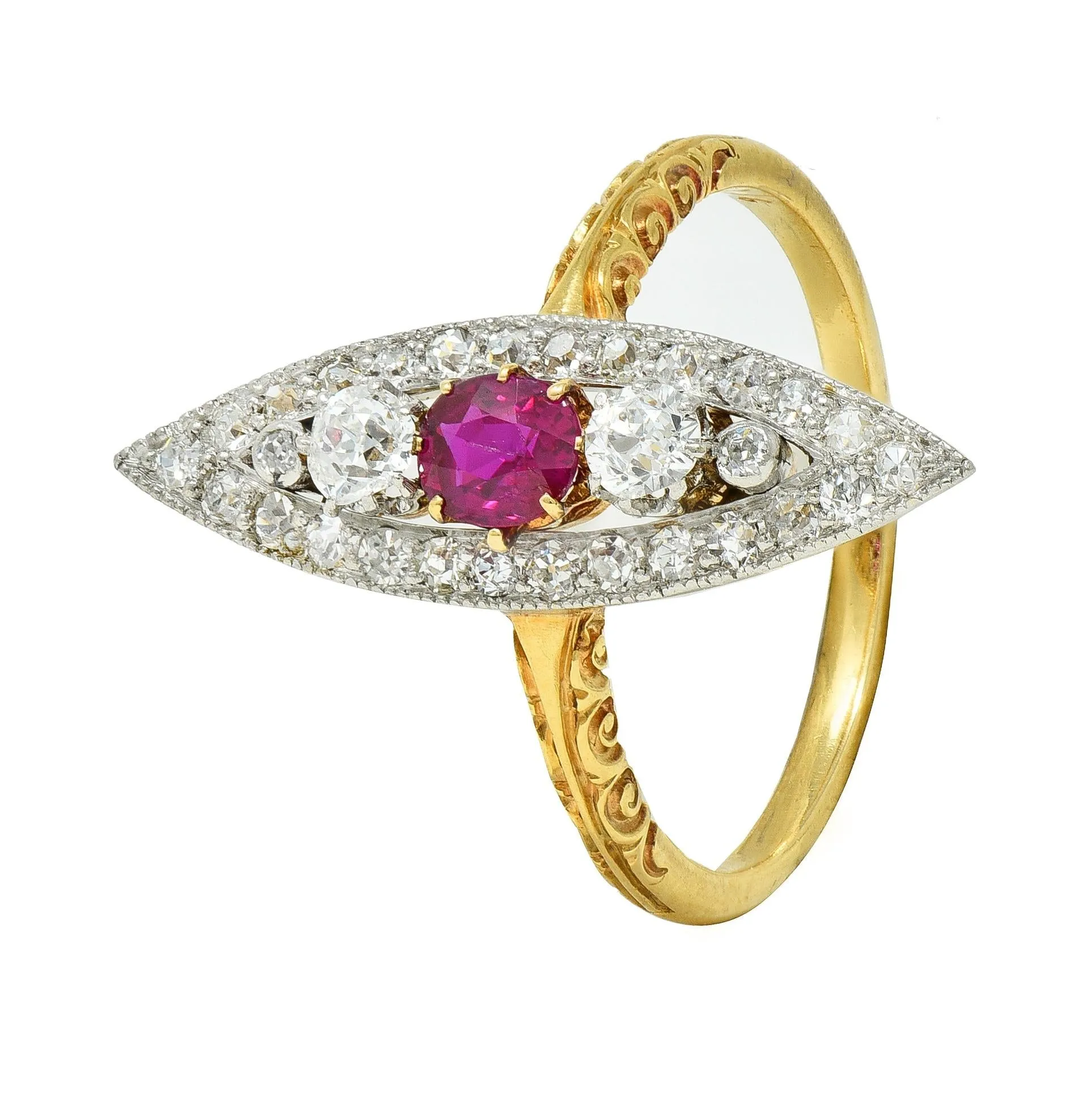 Edwardian 0.62 CTW Ruby Diamond Platinum 18 Karat Yellow Gold Scroll Antique Navette Ring